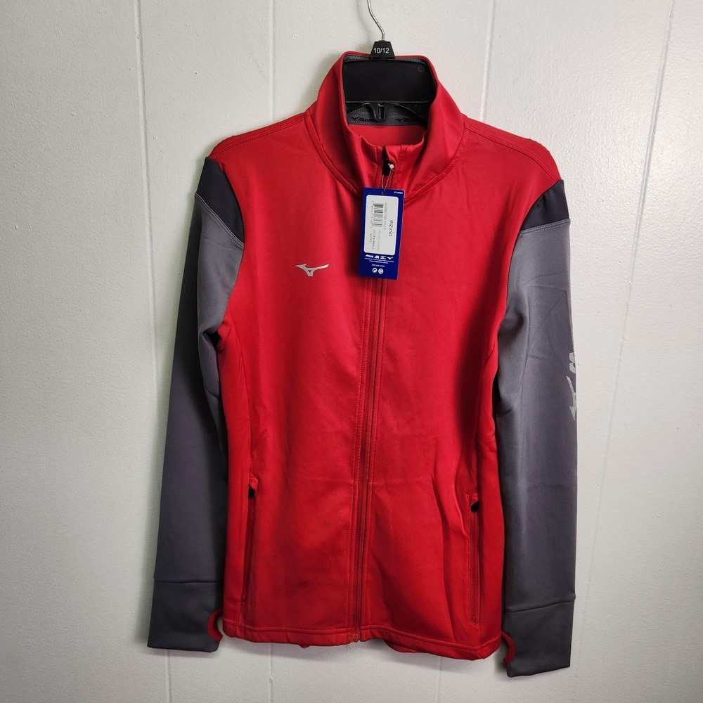 Mizuno Jacket Womens XS Red Grey Charcoal Performance Full Zip Thumb Holes New
